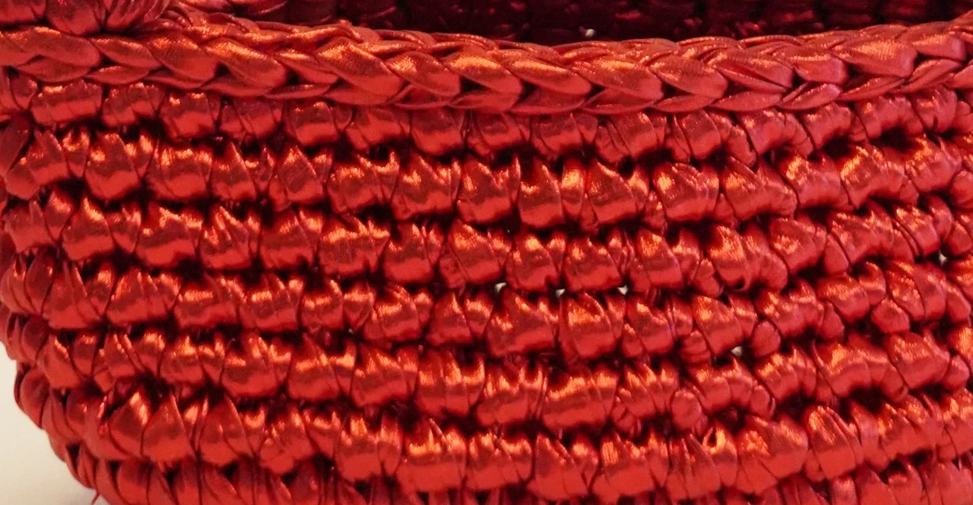 Metallic ribbon yarn, hand-crocheted — detail of the Red Mini Luna